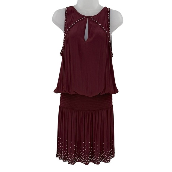 Ramy Brook Burgundy Red Hilary Embellished Studded Mini Dress Sz L Western